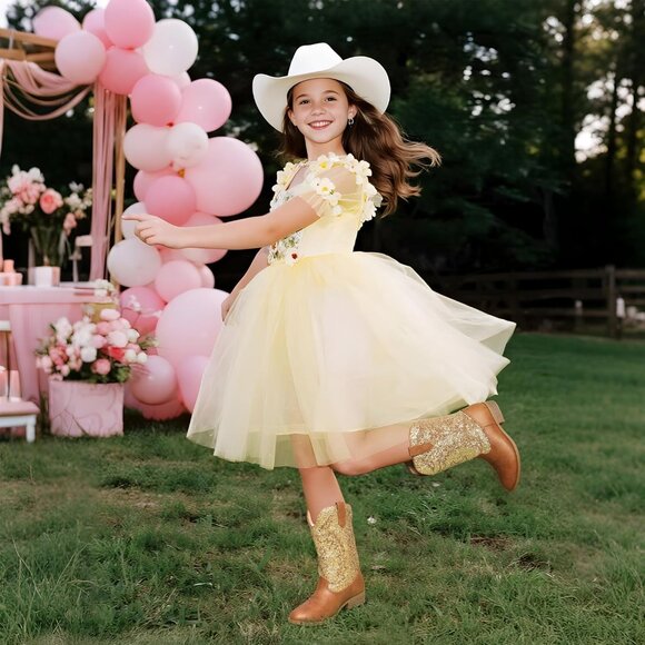 Kids Gold/Brown Cowgirl Boots Girls Cowboy Western Mid Calf Pull-On Riding Boots - Picture 2 of 6